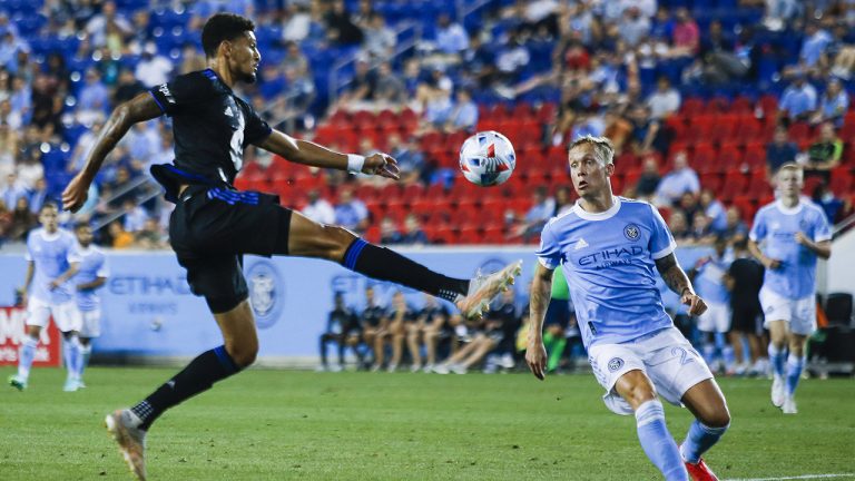 CF Montreal forward Bjorn Johnsen, left, fights for the ball against NYCFC defender Gudmundur Thórarinsson during an MLS soccer match Wednesday, July 21, 2021, in Harrison, N.J. (Eduardo Munoz Alvarez/AP)