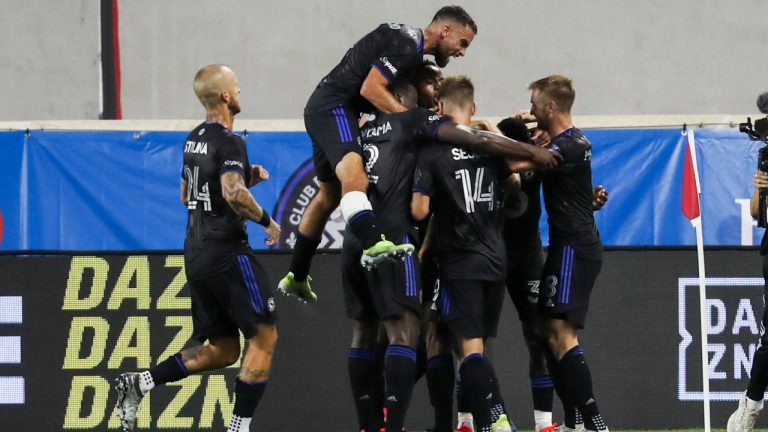 CF Montreal players celebrate their goal against Inter Miami. (Eduardo Munoz Alvarez/AP)