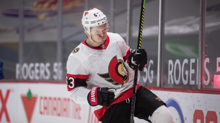 Ottawa Senators' Evgenii Dadonov, of Russia, celebrates his goal against the Vancouver Canucks during the third period of an NHL hockey game in Vancouver, on Saturday, April 24, 2021. (THE CANADIAN PRESS/Darryl Dyck)