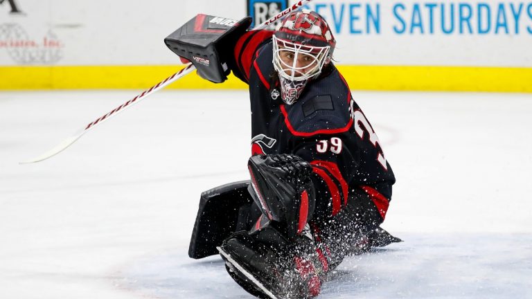 Carolina Hurricanes goaltender Alex Nedeljkovic (39) watches the puck against the Chicago Blackhawks during the third period of an NHL hockey game in Raleigh, N.C., Monday, May 3, 2021. (Karl B DeBlaker/AP)