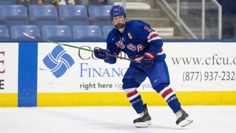 USTDP forward Chaz Lucius was the 18th overall pick in the 2021 NHL Draft by the Winnipeg Jets. (Rena Laverty / USA Hockey's NTDP Photos)