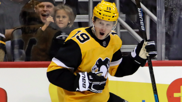 Pittsburgh Penguins' Jared McCann celebrates the first of his two goals during the second period of an NHL hockey game against the Columbus Blue Jackets in Pittsburgh, Saturday, Oct. 5, 2019. (Gene J. Puskar / AP) 