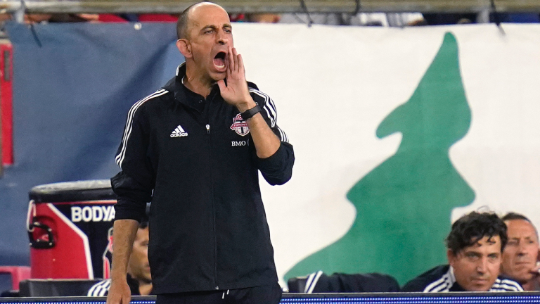 Toronto FC coach Javier Perez calls to his players during the first half of an MLS soccer match against the New England Revolution, Wednesday, July 7, 2021, in Foxborough, Mass. (Charles Krupa / AP) 