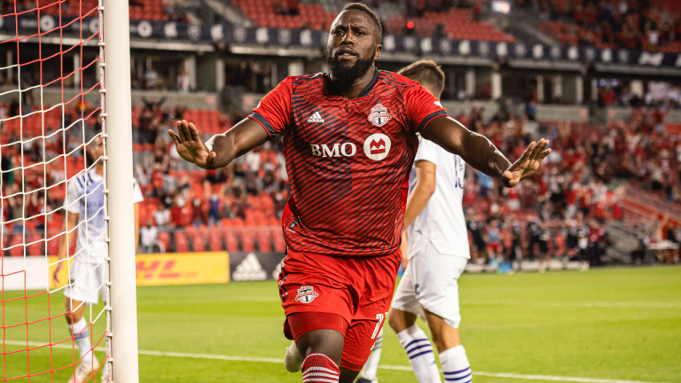 Toronto FC forward Jozy Altidore (17) celebrates after scoring during second half MLS soccer action against Orlando City, in Toronto, Saturday, July 17, 2021. (Chris Katsarov / CP)