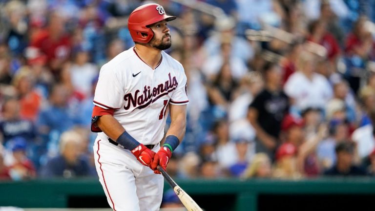 Washington Nationals' Kyle Schwarber watches his solo home run. (Alex Brandon/AP)