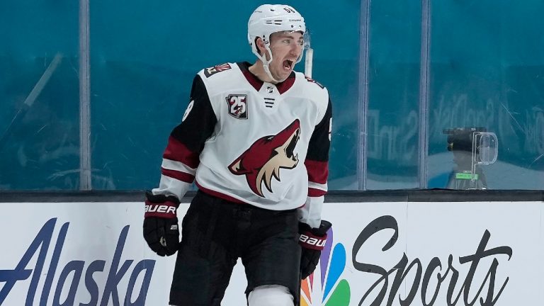 Arizona Coyotes left wing Michael Bunting reacts after scoring a goal against the San Jose Sharks during the third period of an NHL hockey game Friday, May 7, 2021, in San Jose, Calif. The Coyotes won 5-2. (Tony Avelar/AP)