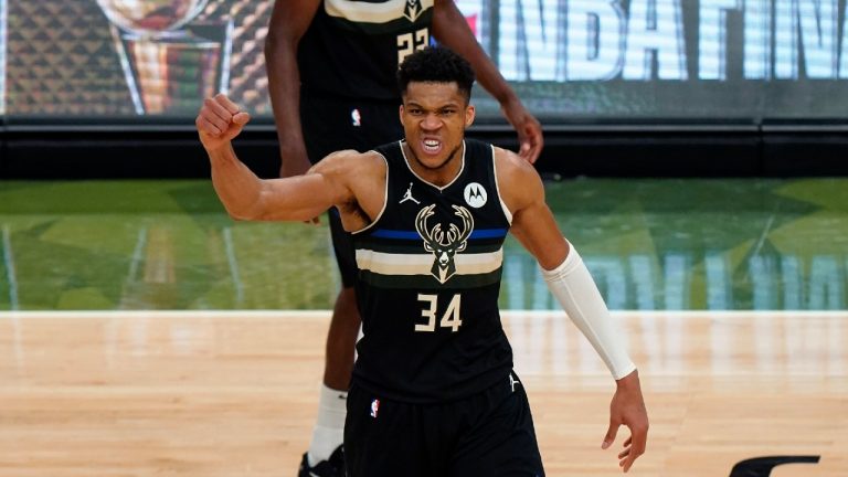 Milwaukee Bucks forward Giannis Antetokounmpo (34) reacts during the second half of Game 6 of basketball's NBA Finals against the Phoenix Suns in Milwaukee, Tuesday, July 20, 2021. (Paul Sancya/AP)