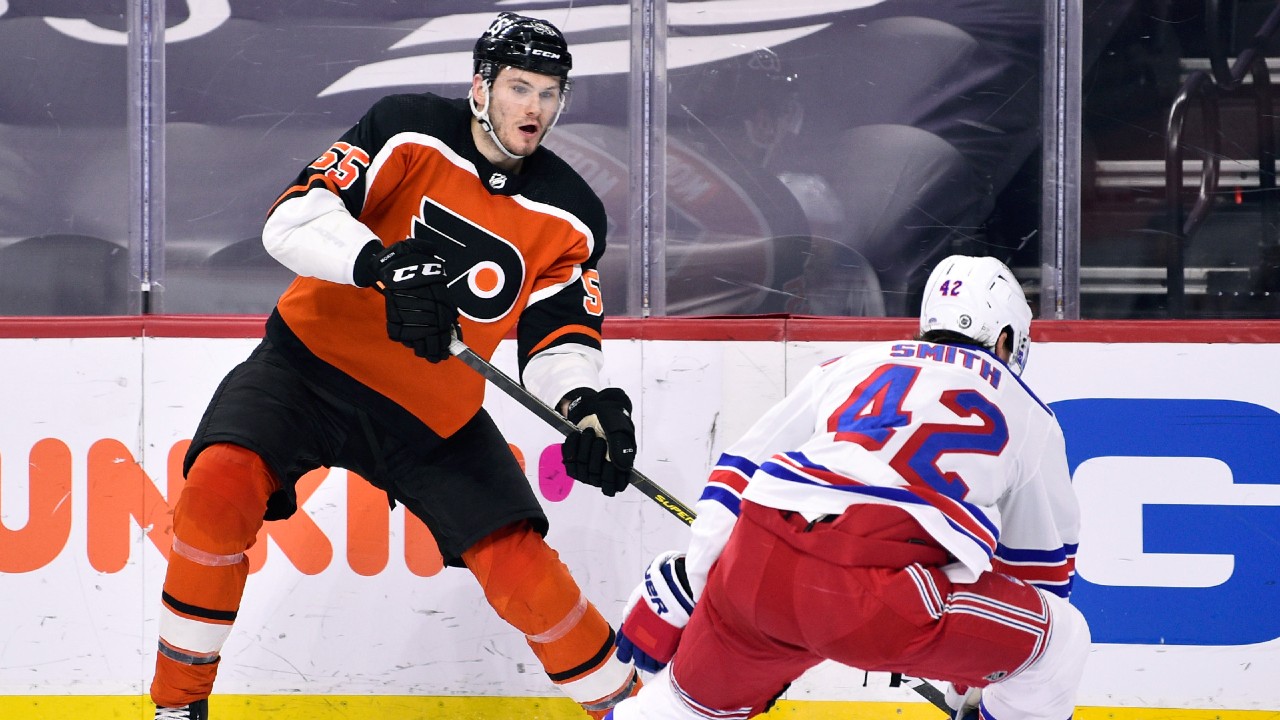 Philadelphia Flyers' Samuel Morin plays against the Boston Bruins