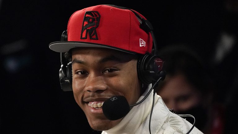 Scottie Barnes answers questions during an interview after being selected fourth overall by the Toronto Raptors. (Corey Sipkin/AP)