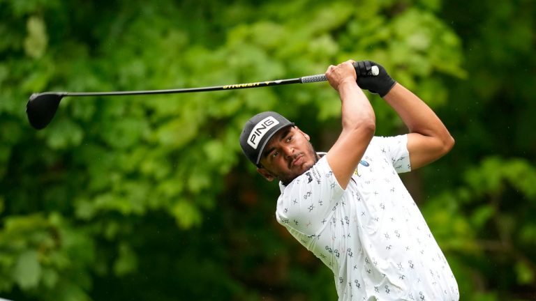 Sebastian Munoz hits off the 17th tee during the third round of the John Deere Classic golf tournament. (Charlie Neibergall/AP) 