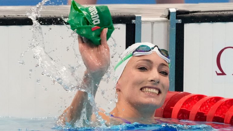 Tatjana Schoenmaker, of South Africa, reacts after winning a semifinal in the women's 100-meter breaststroke at the 2020 Summer Olympics, Monday, July 26, 2021, in Tokyo, Japan. (Petr David Josek/AP)