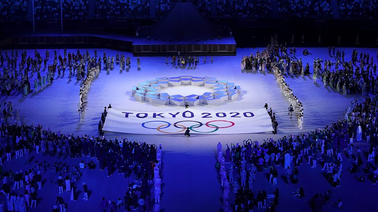 The Olympic teams from every country watch performers on stage during the Opening Ceremony of the Tokyo 2020 Olympic Games. (Mike Egerton/PA Images via Getty)