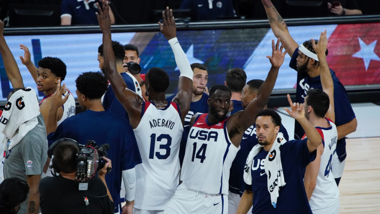 United States players celebrate after defeating Spain in an exhibition basketball game in preparation for the Olympics, Sunday, July 18, 2021, in Las Vegas. (John Locher / AP) 