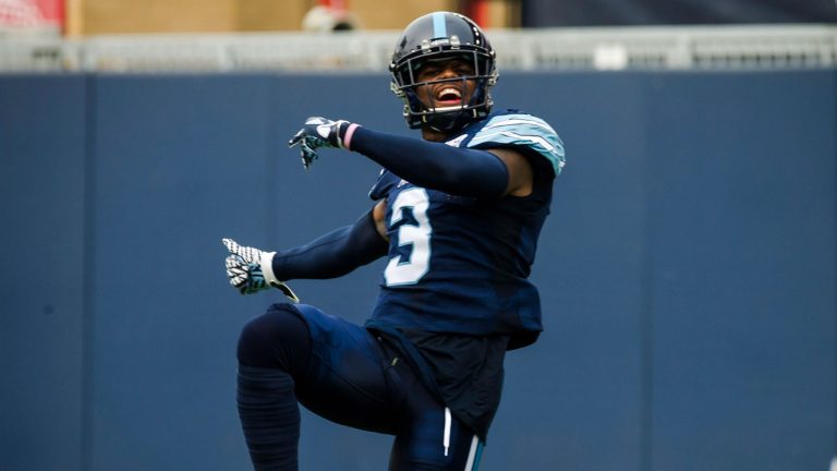 Toronto Argonauts defensive back Alden Darby (3) celebrates after a sack in first quarter CFL action against the BC Lions, in Toronto. (Christopher Katsarov/CP)