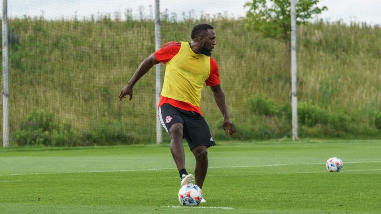 Toronto FC star striker Jozy Altidore is shown on his first day back training with the team in Toronto, in a Monday, July 12, 2021, handout photo. Altidore's first day comes after an incident on May 22 with then-coach Chris Armas after being substituted in Toronto’s 1-0 loss to Orlando City. (Matt Lowry/Toronto FC via CP) 