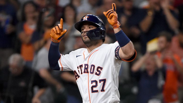 Houston Astros' Jose Altuve celebrates his three-run home run during the third inning of the team's baseball game against the Oakland Athletics, Wednesday, July 7, 2021, in Houston. (Eric Christian Smith/AP) 