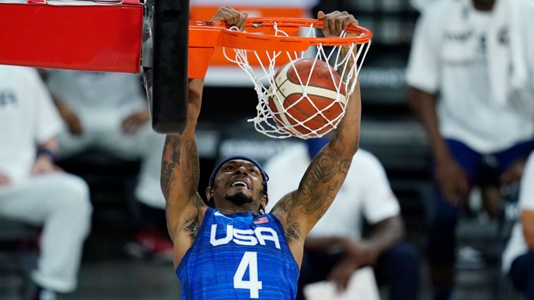 United States' Bradley Beal dunks against Australia during an exhibition basketball game. (John Locher/AP) 