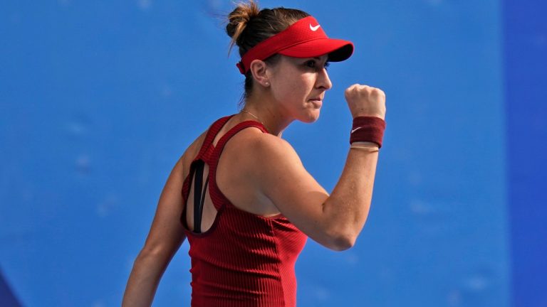 Belinda Bencic, of Switzerland, reacts after winning a set against Elena Rybakina, of Kazakhstan, during the semifinals of the tennis competition at the 2020 Summer Olympics, Thursday, July 29, 2021, in Tokyo, Japan. (Seth Wenig/AP)