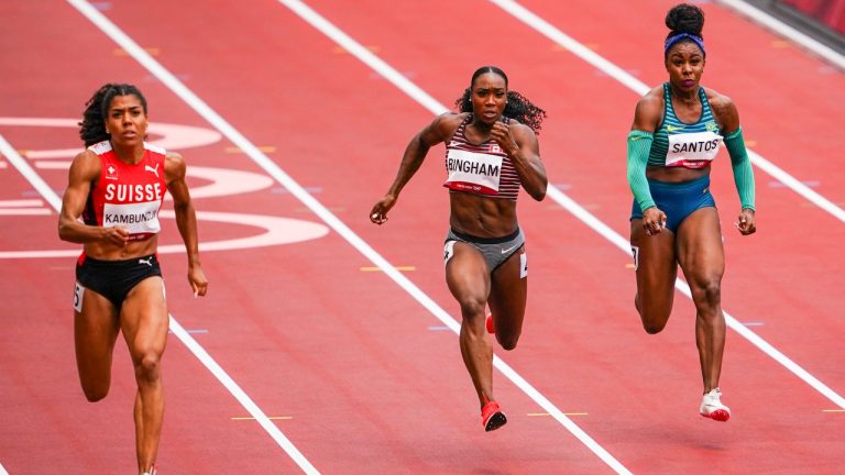 Canadian sprinter Khamica Bingham competes in the Women’s 100m heats during the Tokyo Summer Olympic Games, in Japan on Friday, July 30, 2021. (Stephen Hosier/CP/HO/COC)