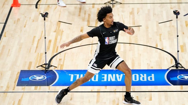 Pittsburgh's Justin Champagnie participates in the NBA Draft Combine at the Wintrust Arena Tuesday, June 22, 2021, in Chicago. (Charles Rex Arbogast/AP)