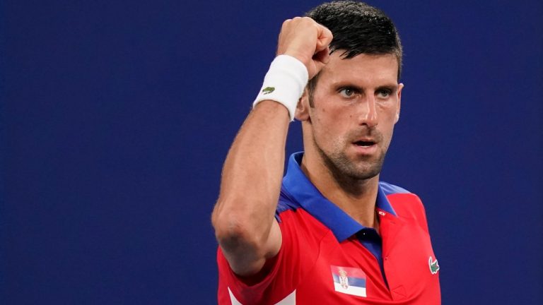 Novak Djokovic, of Serbia, reacts during a second round tennis match against Jan-Lennard Struff, of Germany, at the 2020 Summer Olympics, Monday, July 26, 2021, in Tokyo, Japan. (Patrick Semansky/AP)