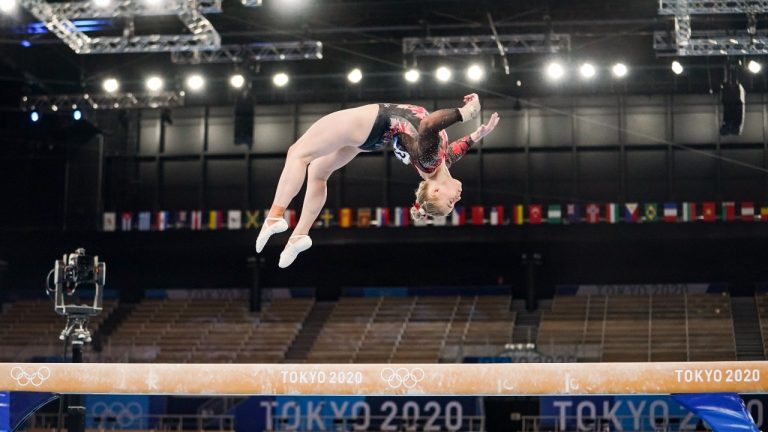 Canadian gymnast Ellie Black competes in the balance beam during the Tokyo 2020 Olympic Games on Sunday, July 25, 2021. (Leah Hennel/CP/HO/COC)