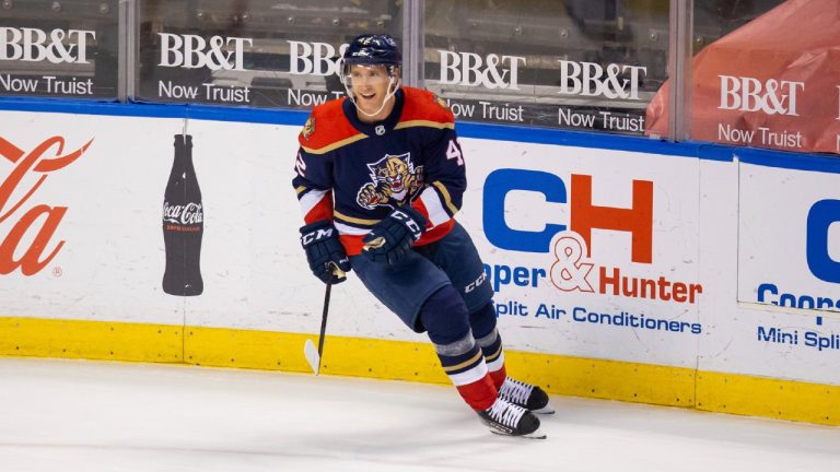 Florida Panthers defenseman Gustav Forsling (42) celebrates after assisting on a goal during the first period of an NHL hockey game against the Tampa Bay Lightning, Saturday, May 8, 2021, in Sunrise, Fla. (Mary Holt/AP) 