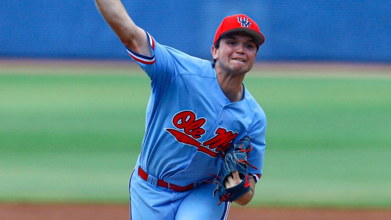 Mississippi pitcher Gunnar Hoglund throws during the first inning of the Southeastern Conference tournament NCAA college baseball game. (Butch Dill/AP) 