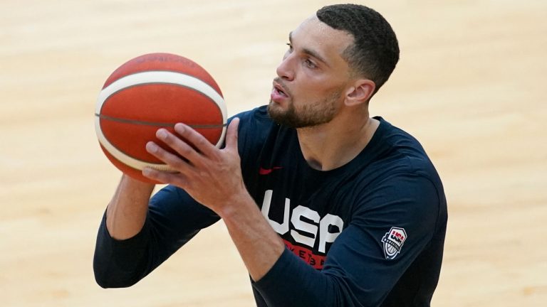 Zach LaVine shoots during practice for USA Basketball in La Vegas. (John Locher/AP) 