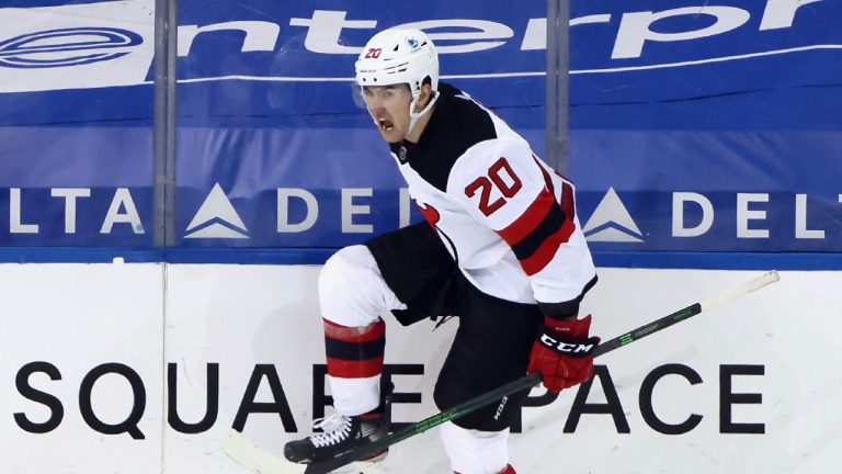 New Jersey Devils' Michael McLeod celebrates scoring a goal against the New York Rangers during the second period of an NHL hockey game, Saturday, April 17, 2021, in New York. (Bruce Bennett/Pool Photo via AP) 