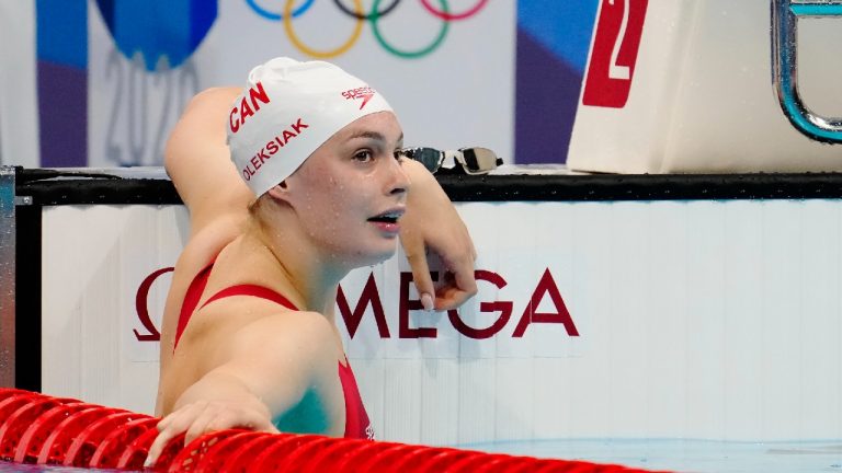 Canada's Penny Oleksiak reacts following the women's 100m freestyle final during the Tokyo Summer Olympic Games, in Tokyo, Friday, July 30, 2021. (Frank Gunn/CP)