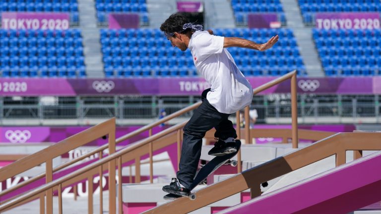 Micky Papa of Canada competes in Men’s Street Skateboarding during the Tokyo Olympics in Tokyo, Japan on Sunday, July 25, 2021. (Nathan Denette/CP)