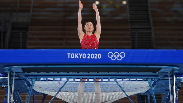 Rosie MacLennan of Canada competes in the women's trampoline gymnastics qualification during the Tokyo Summer Olympic Games, in Tokyo, Friday, July 30, 2021. (Nathan Denette/CP)