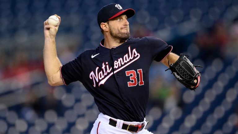 Washington Nationals starting pitcher Max Scherzer throws during the first inning of the team's baseball game against the San Francisco Giants, Friday, June 11, 2021, in Washington. (Nick Wass/AP)