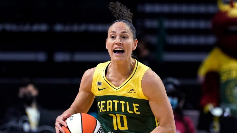 Seattle Storm's Sue Bird readies a pass the ball during the first half against the Connecticut Sun in a WNBA basketball game Tuesday, May 25, 2021, in Everett, Wash. (Elaine Thompson/AP) 