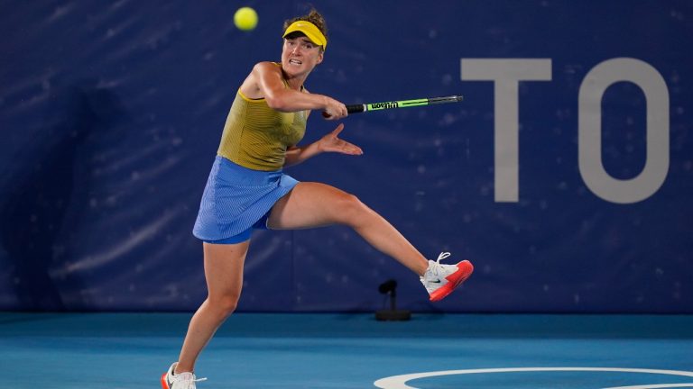 Elina Svitolina, of the Ukraine, returns a shot to Elena Rybakina, of Kazakhstan, during the bronze medal match of the tennis competition at the 2020 Summer Olympics, Saturday, July 31, 2021, in Tokyo, Japan. (Seth Wenig/AP)