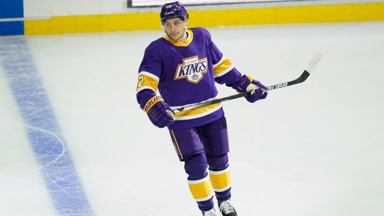 Los Angeles Kings center Trevor Moore (12) reacts after scoring a goal during the second period of an NHL hockey game against the Vegas Golden Knights. (Ashley Landis/AP) 