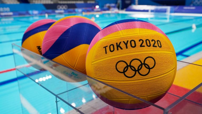 Water polo balls sit in a rack before a preliminary round women's water polo match at the 2020 Summer Olympics, Wednesday, July 28, 2021, in Tokyo, Japan. (Mark Humphrey/AP)