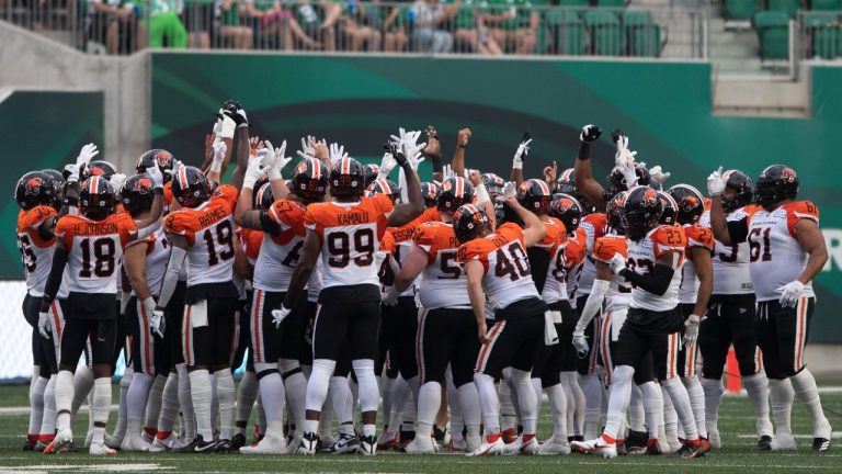 The BC Lions huddle before kickoff before the start of the first half of CFL football action against the Saskatchewan Roughriders in Regina on Friday, August 6, 2021. (Kayle Neis/CP)