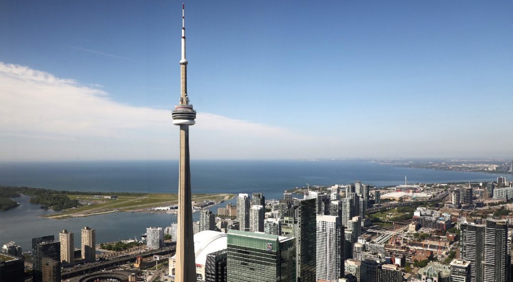 CN Tower lit blue. Toronto, Ontario