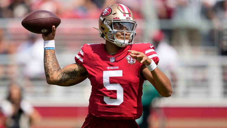 San Francisco 49ers quarterback Trey Lance passes against the Las Vegas Raiders during the first half of an NFL preseason football game in Santa Clara, Calif., Sunday, Aug. 29, 2021. (Tony Avelar/AP)