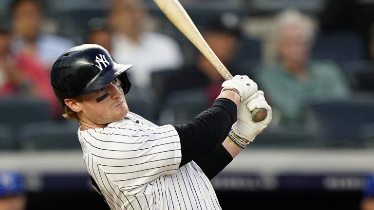 New York Yankees Clint Frazier hits a two-run double during the fourth inning of a baseball game against the Kansas City Royals, Wednesday, June 23, 2021, at Yankee Stadium in New York. (Kathy Willens/AP)