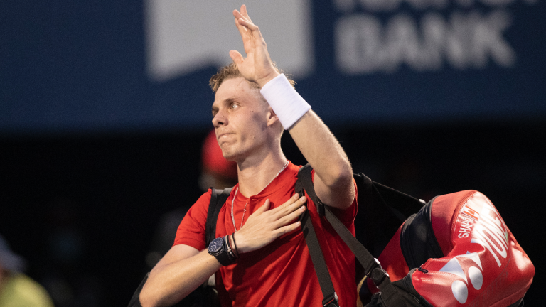 Denis Shapovalov of Canada leaves the tournament after losing to Frances Tiafoe the United States of America, during National Bank Open men's tennis action, in Toronto, Wednesday, Aug. 11, 2021. (Cole Burston / CP)