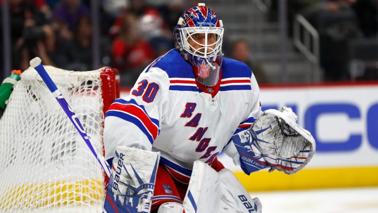 New York Rangers goaltender Henrik Lundqvist plays against the Detroit Red Wings in the second period of an NHL hockey game in Detroit (Paul Sancya/AP).