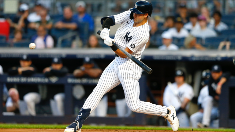 New York Yankees' Joey Gallo hits a home run against the Los Angeles Angels during the first inning of a baseball game Monday, Aug. 16, 2021, in New York. (Noah K. Murray / AP) 