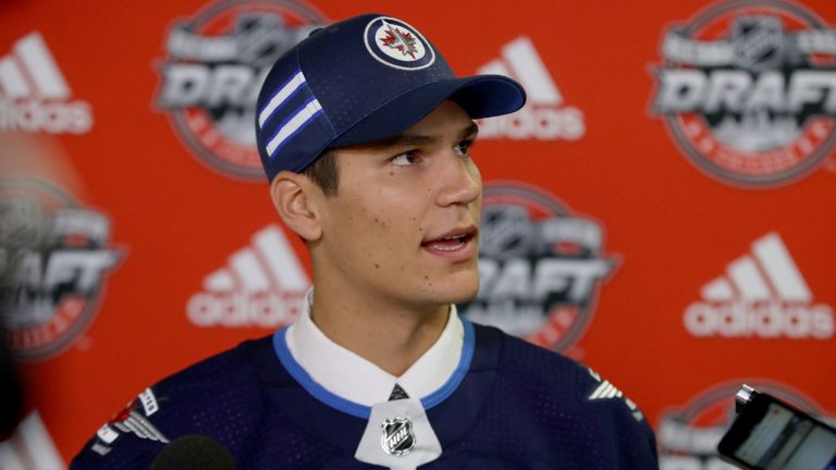 Johnathan Kovacevic is interviewed after being selected 74th overall by the Winnipeg Jets during the 2017 NHL Draft. (Jonathan Daniel/Getty Images)