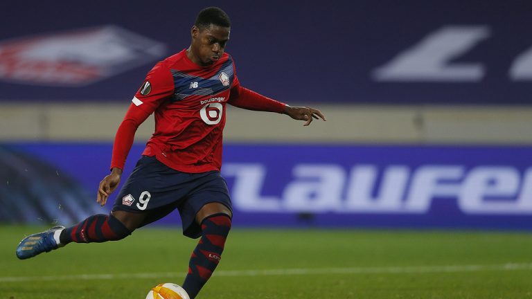 Lille's Jonathan David in action during the Europa League Group H soccer match between Lille and Celtic Glasgow. (Michel Spingler/AP)