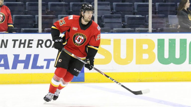 Forward Justin Kirkland skating during warmup with the Stockton Heat. (Calgary Flames/NHL)