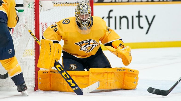 Nashville Predators goaltender Juuse Saros (74). (Mark Humphrey/AP)