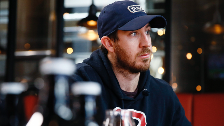 In this March 9, 2020, photo, Philadelphia Flyers' Kevin Hayes speaks during an interview with The Associated Press at Yards Brewing Company, in Philadelphia. (Matt Slocum / AP) 